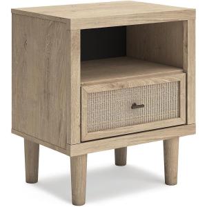 Signature Design by Ashley Cielden Farmhouse 1 Drawer Nightstand with Open Shelf, LED Lights, Wireless Charging and USB Ports, 25″ Tall, Light Brown(Light Brown)