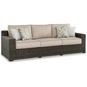 Signature Design by Ashley Coastline Bay Casual Weather Resistant Outdoor Loveseat with Cushion and 2 Throw Pillows, Nuvella Weather Resistant Fabric, Beige & Dark Brown(Outdoor Sofa with Cushion)