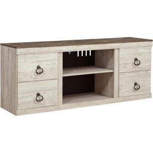 Signature Design by Ashley Derekson Casual TV Stand with Fireplace Option, Fits TVs up to 63″, Gray(Whitewash)