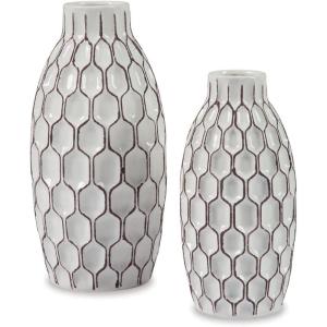 Signature Design by Ashley Dionna Geometric 2 Piece Ceramic Bottle Neck Vase Set, White and Brown