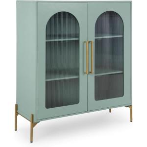 Signature Design by Ashley Dreley Classic 4-Door Accent Cabinet, Dark Brown with 2 Shelves, Arched Glass Door Fronts(Light Green)