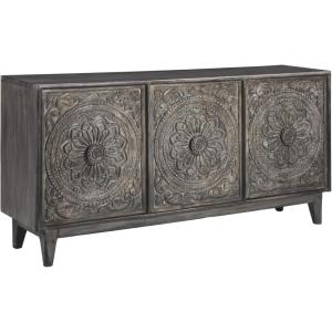 Signature Design by Ashley Fair Ridge Boho Hand Carved Wood Accent Cabinet or TV Stand, Dark Gray