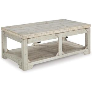 Signature Design by Ashley Fregine Farmhouse Rectangular Lift Top Coffee Table with Floor Shelf, Whitewash with Weathered Finish(Whitewash)