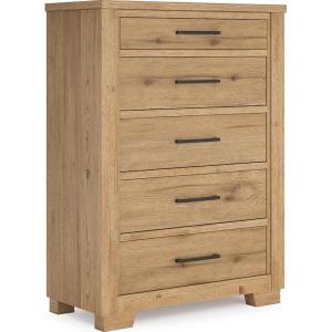 Signature Design by Ashley Galliden Rustic 5 Drawer Chest with Felt-Lined Top Drawer and Safety Stop for Bedroom, Light Brown