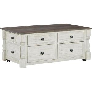 Signature Design by Ashley Havalance Farmhouse Lift Top Coffee Table with Fixed Shelf and 2 Hidden Storage Trays, Gray & White with Weathered Finish(Storage)