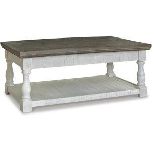 Signature Design by Ashley Havalance Farmhouse Lift Top Coffee Table with Fixed Shelf and 2 Hidden Storage Trays, Gray & White with Weathered Finish(Open)