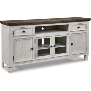 Signature Design by Ashley Havalance Farmhouse TV Stand Fits TVs up to 72″, 4 Cabinets and Shelves For Storage, Vintage White & Weathered Gray