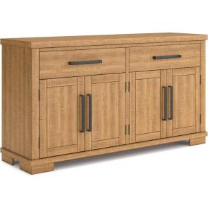 Signature Design by Ashley Havonplane Rustic Distressed 4-Door Dining Server with Adjustable Shelves and Felt-Lined Drawers, Light Brown