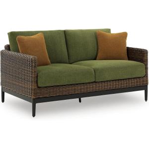 Signature Design by Ashley Horizon Hall Vintage Outdoor Nuvella Weather Resistant Fabric, Resin Wicker Loveseat with Cushion and 2 Accent Pillows, Green & Dark Brown(Outdoor Loveseat with Cushion)