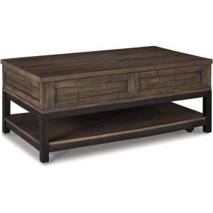 Signature Design by Ashley Johurst Rustic Rectangular Lift Top Coffee Table and Fixed Lower Shelf, Brown(Brown)