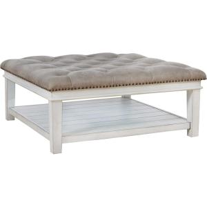 Signature Design by Ashley Kanwyn French Country Upholstered Square Ottoman Coffee Table, Whitewash