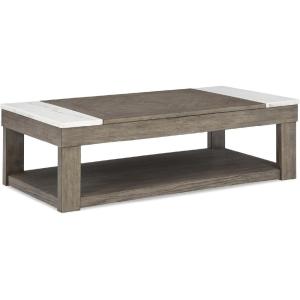Signature Design by Ashley Loyaska Casual Lift-Top Coffee Table with 1 Lower Shelf, Marble Accents and Casters, Brown & White
