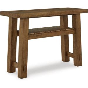 Signature Design by Ashley Mackifeld Farmhouse Distressed Sofa Table with Slatted Shelf, Post and Beam Construction, Light Brown