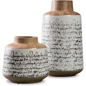 Signature Design by Ashley Megan Ceramic & Wood 2 Piece Decorative Vase Set, Light Brown & Black