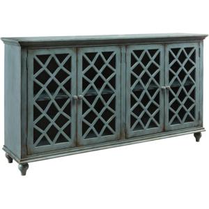 Signature Design by Ashley Mirimyn Vintage 69″ 4-Door Accent Cabinet with Mirrored Glass and 2 Adjustable Shelves, Antique Blue(Blue)