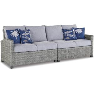 Signature Design by Ashley Naples Beach Casual Outdoor Right and Left-arm Facing Loveseat with Cushion and 4 Throw Pillows, Set of 2, Nuvella Weather Resistant Fabric, Light Gray