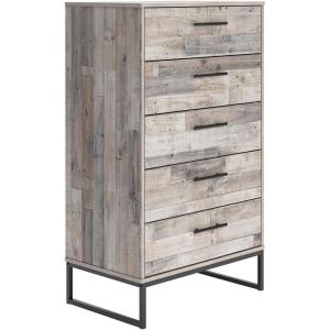 Signature Design by Ashley Neilsville Industrial 5 Drawer Chest of Drawers with Smooth-Gliding Drawers and Safety Stop, Gray(Whitewash)