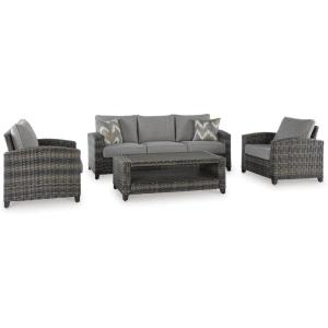 Signature Design by Ashley Oasis Court Casual Weather Resistant Cushioned Outdoor Sofa/Chairs/Table Set with 2 Throw Pillows, Set of 4,Nuvella Weather Resistant Fabric, Gray