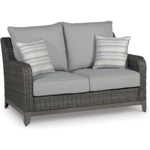 Signature Design by Ashley Outdoor Elite Park Patio Wicker Loveseat with Cushion, Nuvella Weather Resistant Fabric, Gray