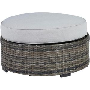Signature Design by Ashley Outdoor Harbor Court Patio Wicker Ottoman with Cushion,Nuvella Weather Resistant Fabric, Gray(Grey)