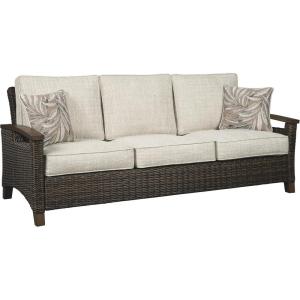 Signature Design by Ashley Paradise Trail Outdoor Patio Sofa with Cushion and 2 Pillows, Brown & Beige(Sofa with Cushion)