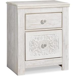 Signature Design by Ashley Paxberry Boho 2 Drawer Nightstand with 2 Slim-Profile USB Charging Ports, 29.21″ Tall, Whitewash(Whitewash)