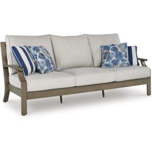 Signature Design by Ashley Rainier Ranch Casual Nuvella Weather Resistant Fabric, Outdoor Sofa with Cushion and 4 Accent Pillows, Light Brown & Light Gray
