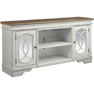 Signature Design by Ashley Realyn Farmhouse TV Stand with Fireplace Option Fits TVs up to 72″, 2 Cabinet Doors and Adjustable Storage Shelf, White & Rustic Brown(XL TV Stand)
