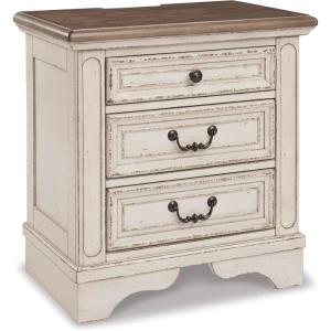 Signature Design by Ashley Realyn French Country 3 Drawer Nightstand with Electrical Outlets & USB Ports, 27.75″ Tall, Chipped White(Chipped White)