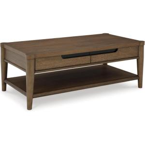 Signature Design by Ashley Roanhowe Contemporary 2-Drawer Coffee Table with Open Lower Shelf and Tapered Legs, Dark Brown