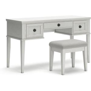 Signature Design by Ashley Robbinsdale Casual Vanity with 3 Drawers & Upholstered Cushioned Stool, Whitewash