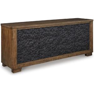 Signature Design by Ashley Rosswain Casual 80″ TV Stand for TVs up to 92″ with Adjustable Shelves, Cabinets and Cord Openings, Light Brown & Black