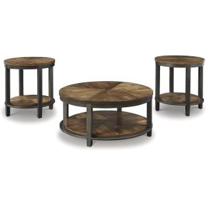 Signature Design by Ashley Roybeck Rustic Round 3-Piece Table Set, Includes 1 Coffee Table and 2 End Tables with Fixed Shelf, Light Brown(Farmhouse)