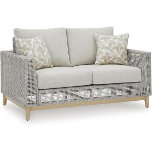 Signature Design by Ashley Seton Creek Cottage Nuvella Weather Resistant Fabric Outdoor Loveseat with Cushion and 2 Throw Pillows, Light Brown & Light Gray(Outdoor Loveseat with Cushion)