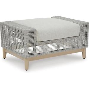 Signature Design by Ashley Seton Creek Cottage Nuvella Weather Resistant Fabric Outdoor Loveseat with Cushion and 2 Throw Pillows, Light Brown & Light Gray(Outdoor Ottoman with Cushion)