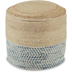 Signature Design by Ashley Sweed Valley Jute & Cotton Pouf, 19 x 19 Inches, Beige & White(Blue)