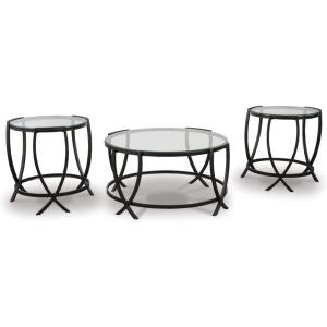 Signature Design by Ashley Tarrin Contemporary Glass Top Round 3-Piece Table Set, Includes Coffee Table and 2 End Tables, Black