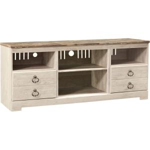 Signature Design by Ashley Trinell Rustic TV Stand with Fireplace Option Fits TVs up to 60″, 2 Drawers and 2 Storage Cubbies, Brown(White Wash)