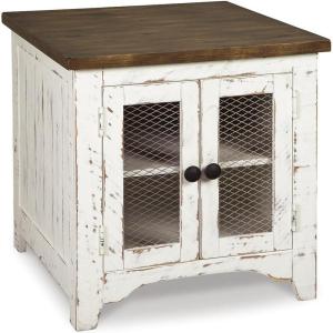 Signature Design by Ashley Wystfield Farmhouse End Table with Storage, Distressed White & Brown Finish(White/Brown)