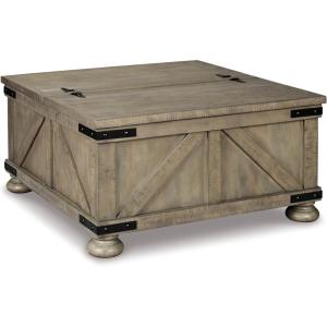 Signature Design by Ashley Wystfield Farmhouse Square Storage Coffee Table with Hinged Lift Top, Distressed White(Grayish Brown)