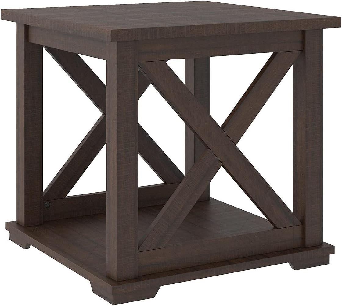 imageSignature Design by Ashley Aldwin Farmhouse Square End Table with Crossbuk Details Light BrownDark Brown