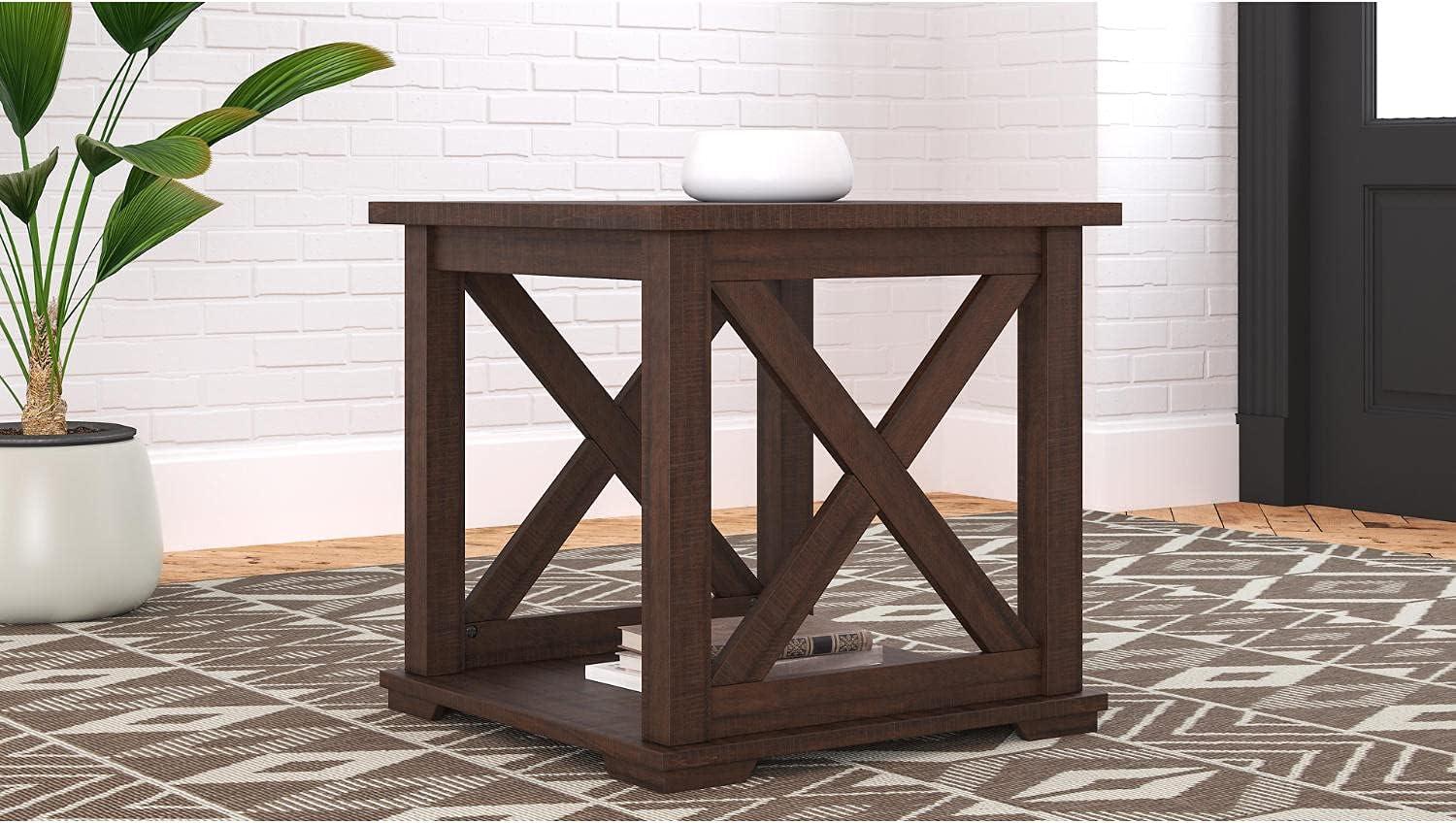 imageSignature Design by Ashley Aldwin Farmhouse Square End Table with Crossbuk Details Light BrownDark Brown