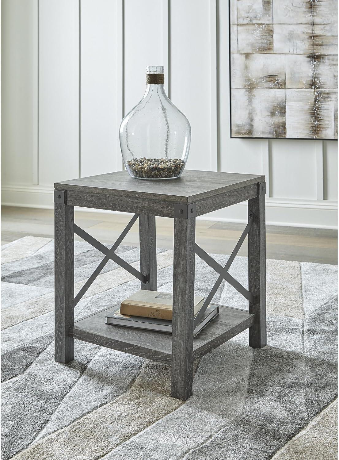 imageSignature Design by Ashley Aldwin Farmhouse Square End Table with Crossbuk Details Light BrownDark Gray