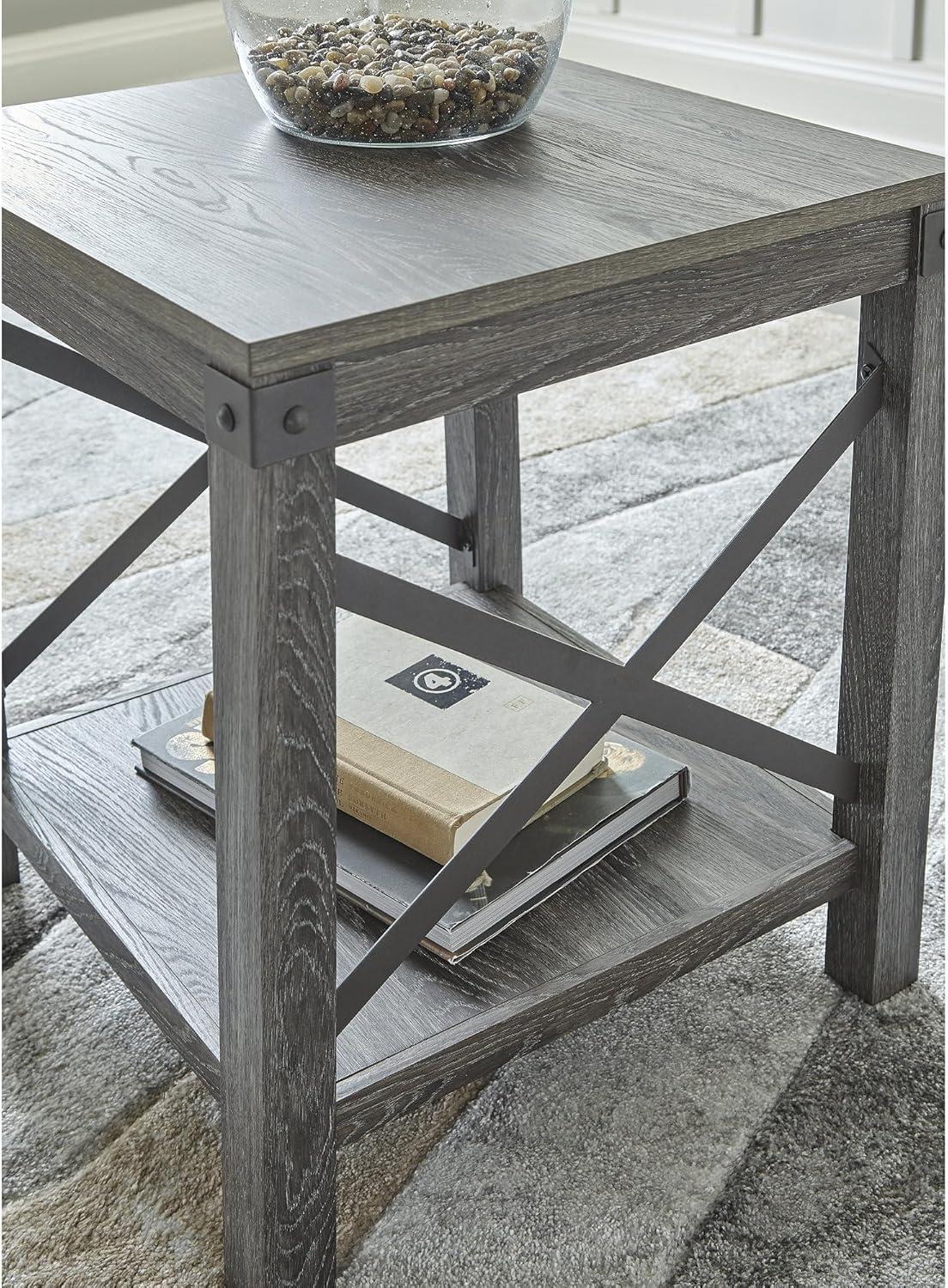 imageSignature Design by Ashley Aldwin Farmhouse Square End Table with Crossbuk Details Light BrownDark Gray