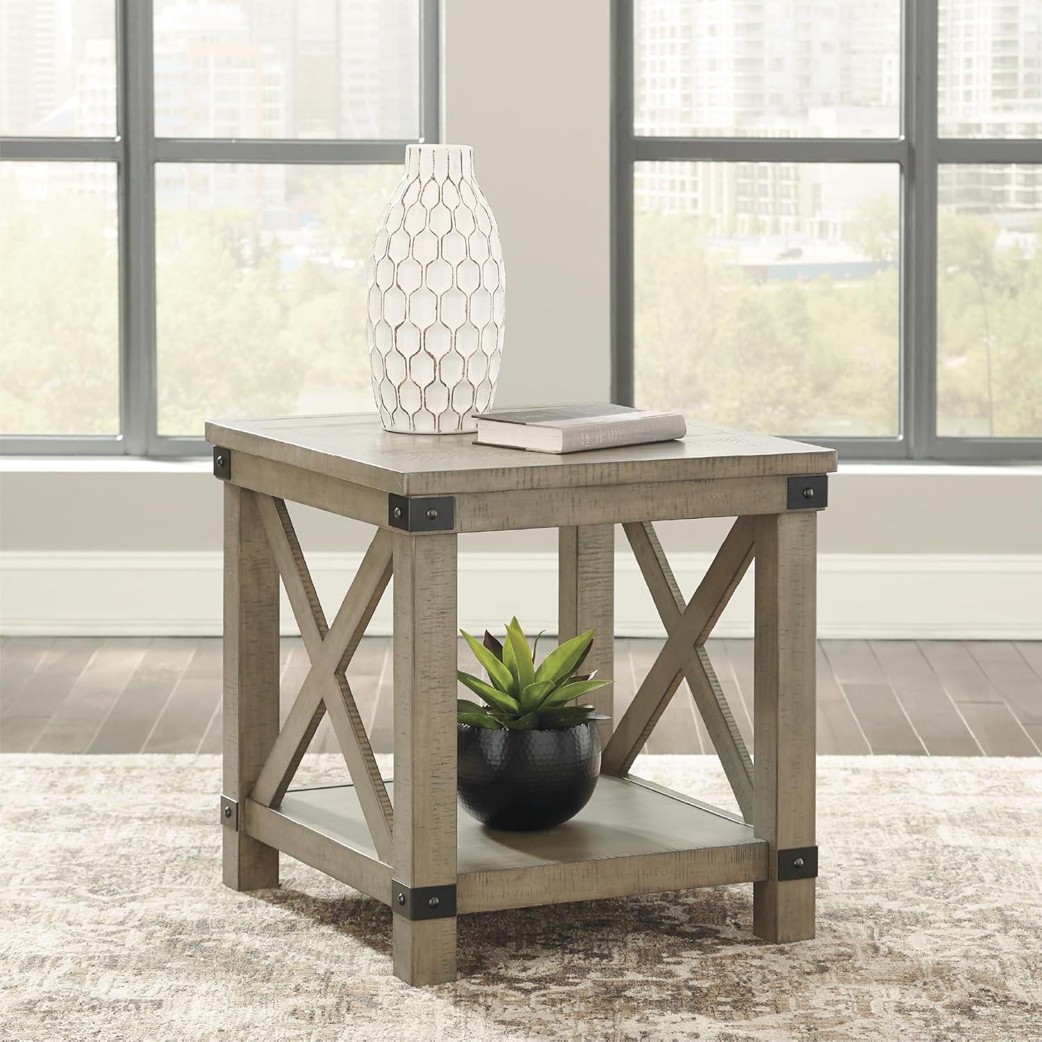 imageSignature Design by Ashley Aldwin Farmhouse Square End Table with Crossbuk Details Light BrownRustic Brown