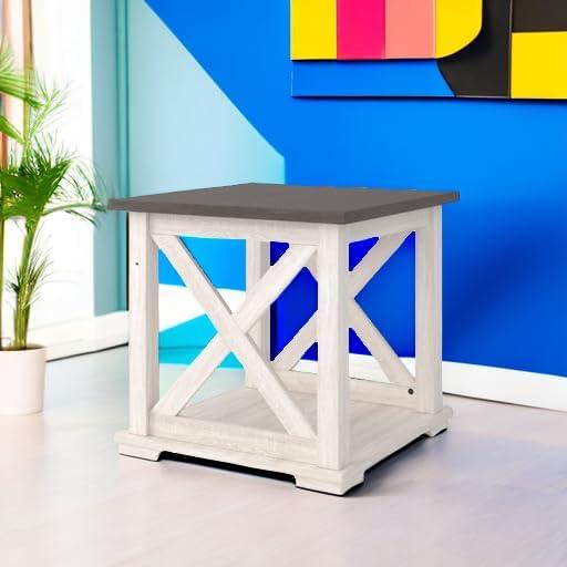 imageSignature Design by Ashley Aldwin Farmhouse Square End Table with Crossbuk Details Light BrownWhite