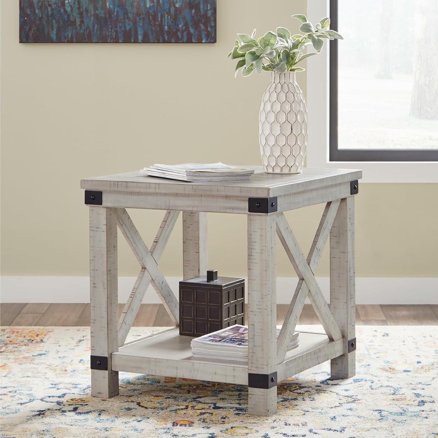 imageSignature Design by Ashley Aldwin Farmhouse Square End Table with Crossbuk Details Light BrownWhitewash