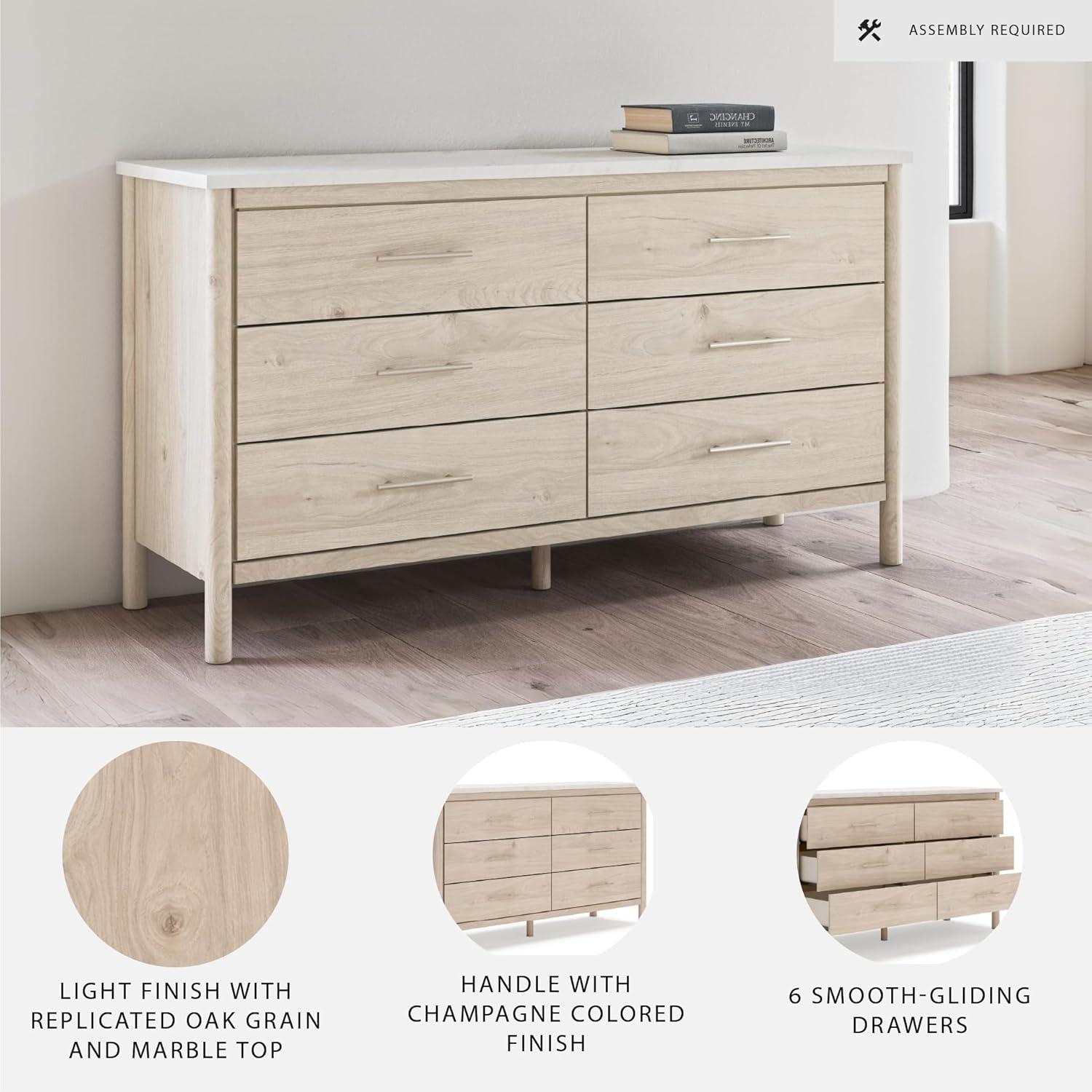 imageSignature Design by Ashley Cadmori Casual Bohemian Dresser with Post Legs and 6 Drawers Replicated Marble Top Wood 35quot High White and Light Brown FinishLight Brown White