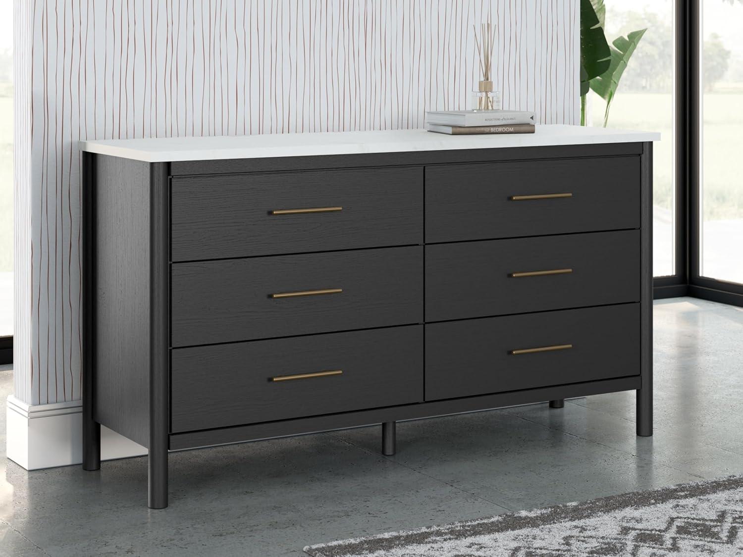 imageSignature Design by Ashley Cadmori Casual Bohemian Dresser with Post Legs and 6 Drawers Replicated Marble Top Wood 35quot High White and Light Brown FinishBlack White