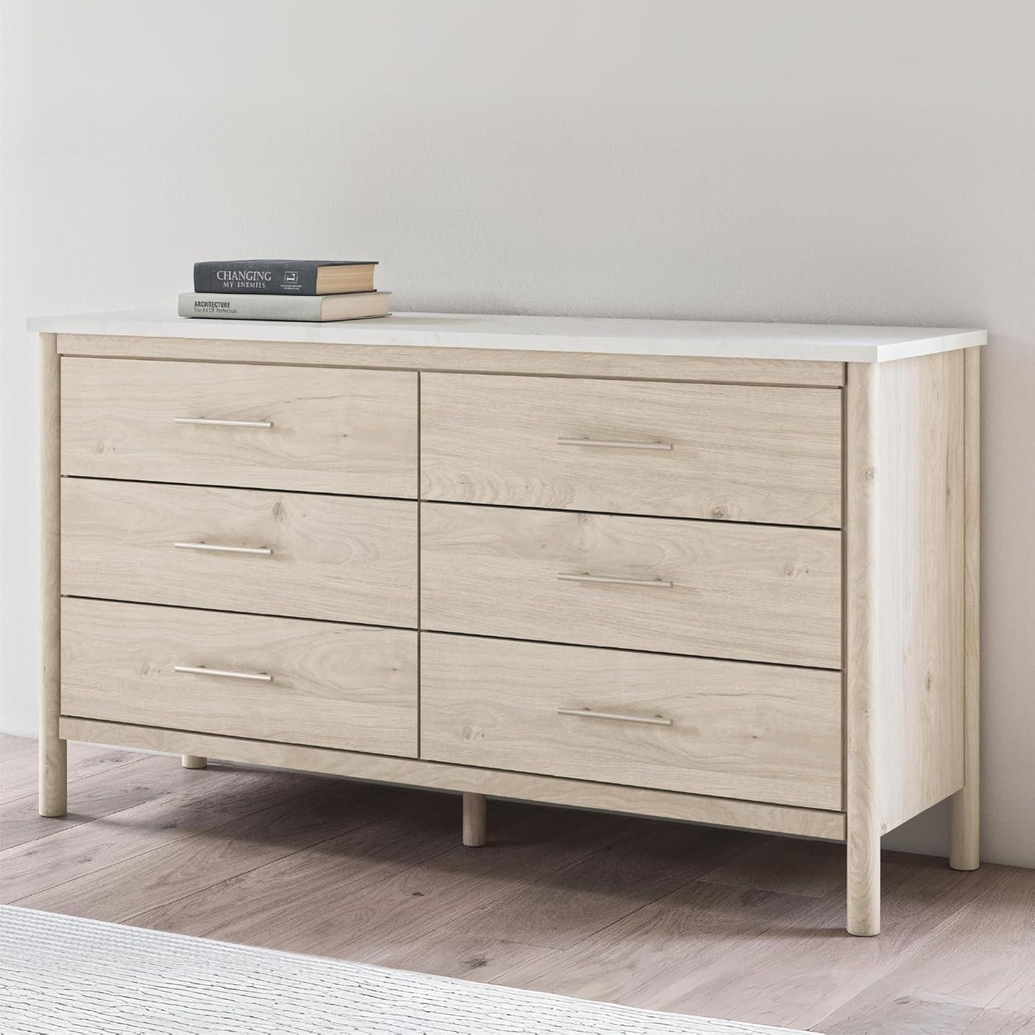 imageSignature Design by Ashley Cadmori Casual Bohemian Dresser with Post Legs and 6 Drawers Replicated Marble Top Wood 35quot High White and Light Brown FinishLight Brown White